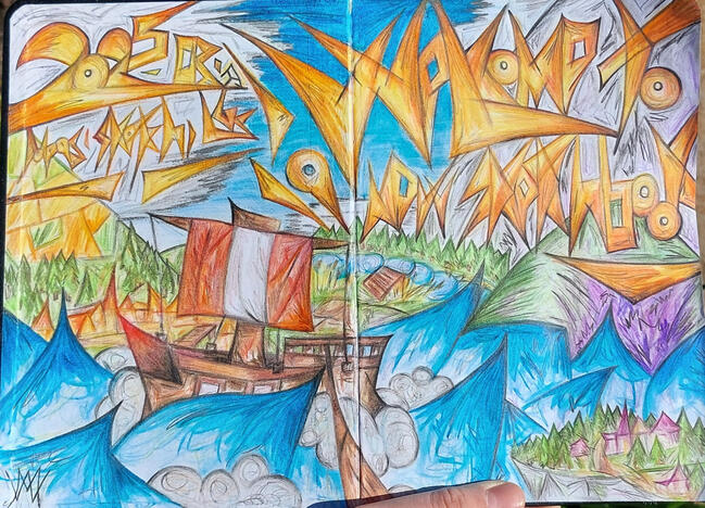 This is a photo of the first drawing from my current sketchbook