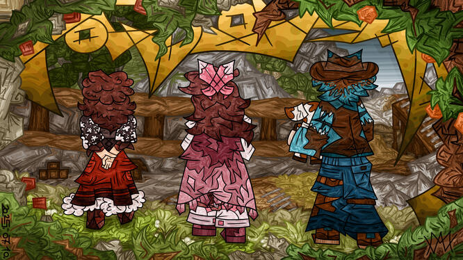 This is a digital drawing of apokuna, CherriFire and 4CVIT from Cowboy smp. They are standing on top of a hill looking down into the huge mine under.