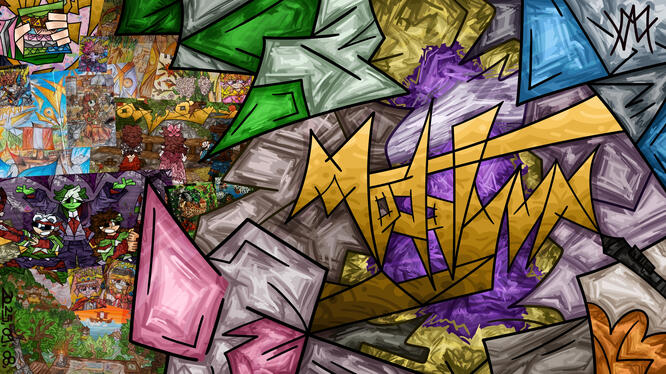 This is a digital drawing which has MedaTyvn written in the middle of it in yellow which is surrounded by crystals and also features many of my other drawings