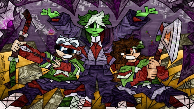 This is a digital drawing of Woogiex, Boosfer, and jojosolos from the first Mid-offs. They are all standing together with the ender dragon flying above them