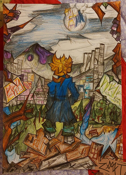 This is a photo of a paraphrase of the Wanderer above the Sea of Fog by Caspar David Friedrich which I had to make for art class